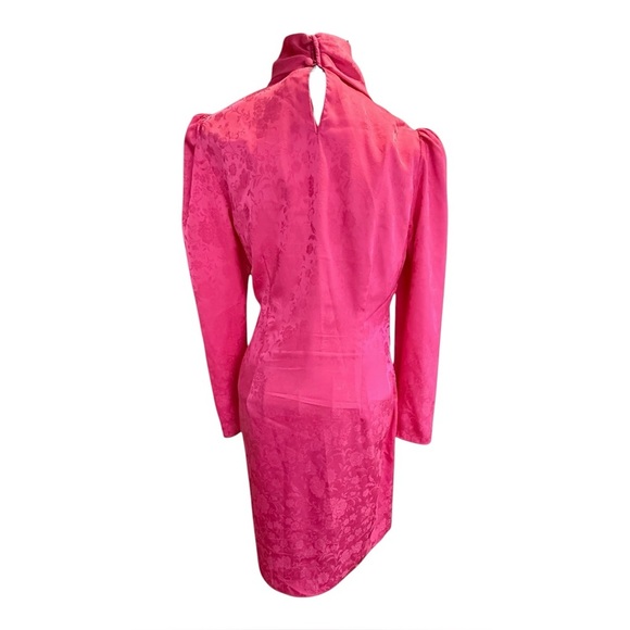 🌷Ronny Kobo Hot Pink Floral Jacquard Draped Mini Dress Turtleneck Long Sleeve M - Picture 3 of 13